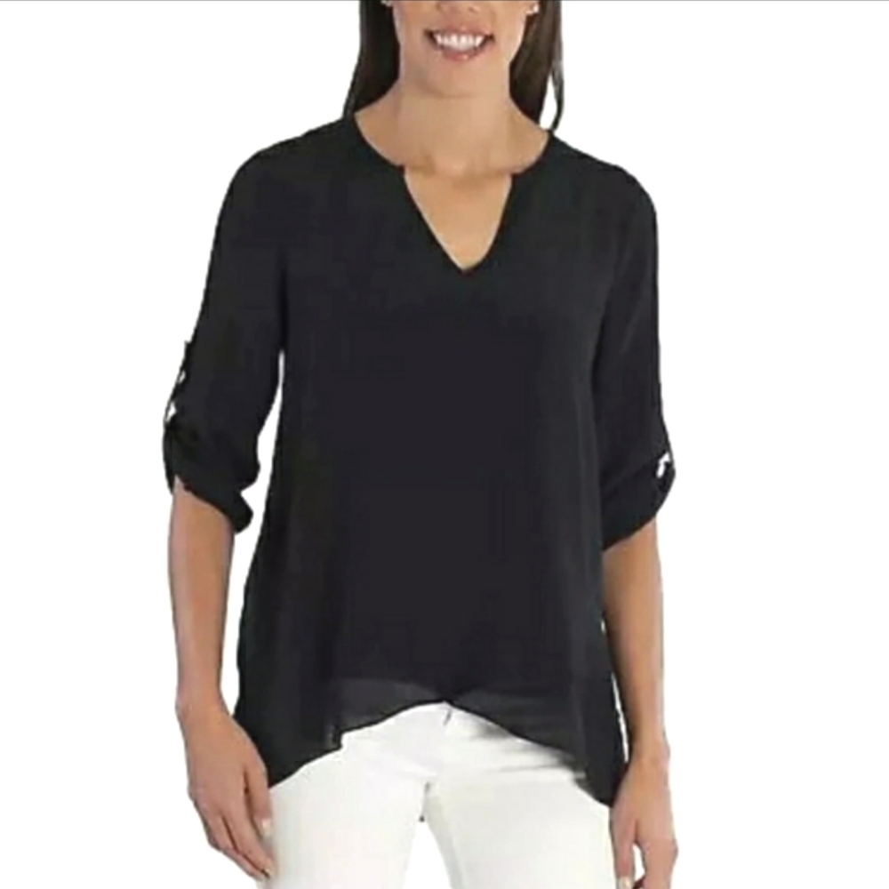 Fever Roll-tab Sleeve Black Short Sleeved Top Blouse Shirt Women's Small NWT